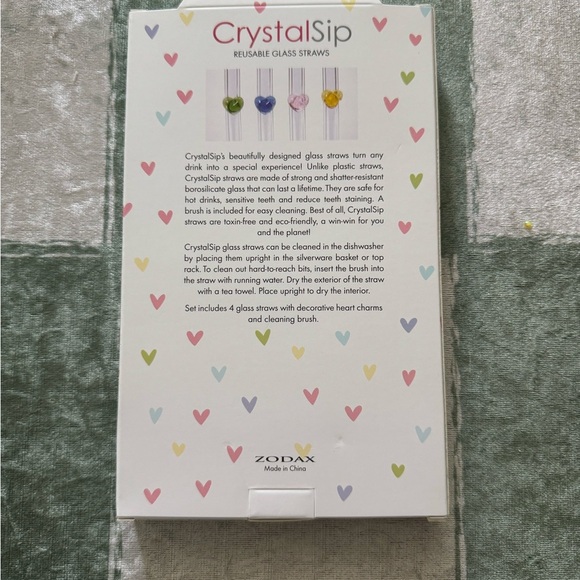 Zodax CrystalSip Straws ~ Glass Straws with Heart Charms + Cleaning Brush - Picture 2 of 5